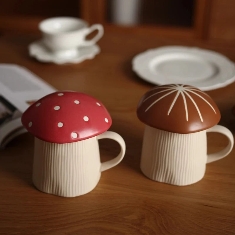 American Retro Style Mug with Lid, Cute Water Cup, Mushroom Couple Ceramic Drinking Cup, Funny Mugs