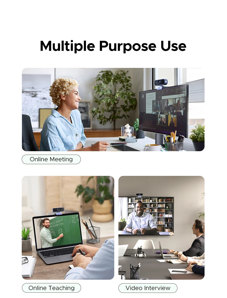 UGREEN 2K Webcam with Microphone, Full HD USB Web Camera, Adjustable FOV, Auto Light Correction, Video Webcam for Streaming