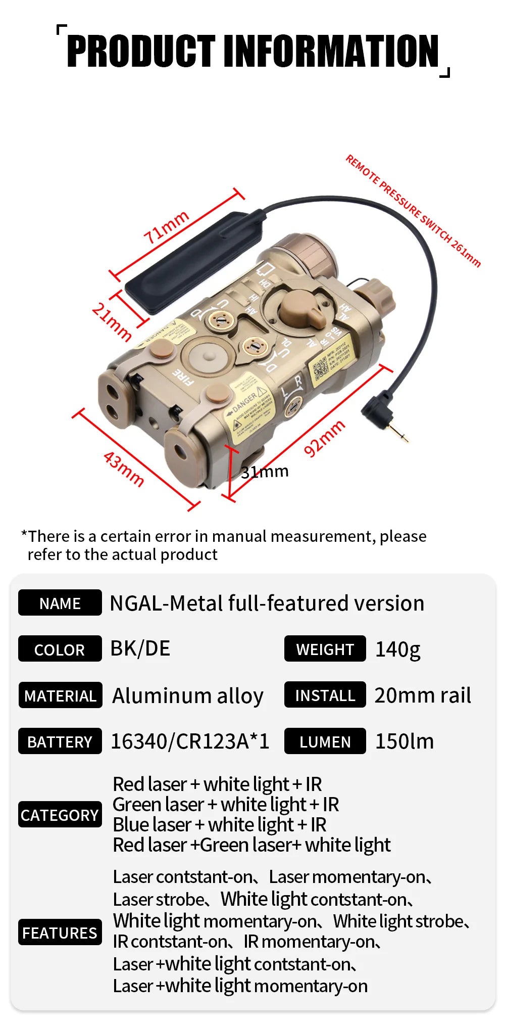 Tactical Metal NGAL Red Dot Green Blue Indicator Surefir M300A M600C Dual Function Switch Fit 20mm Rail Airsoft Hunting Laser