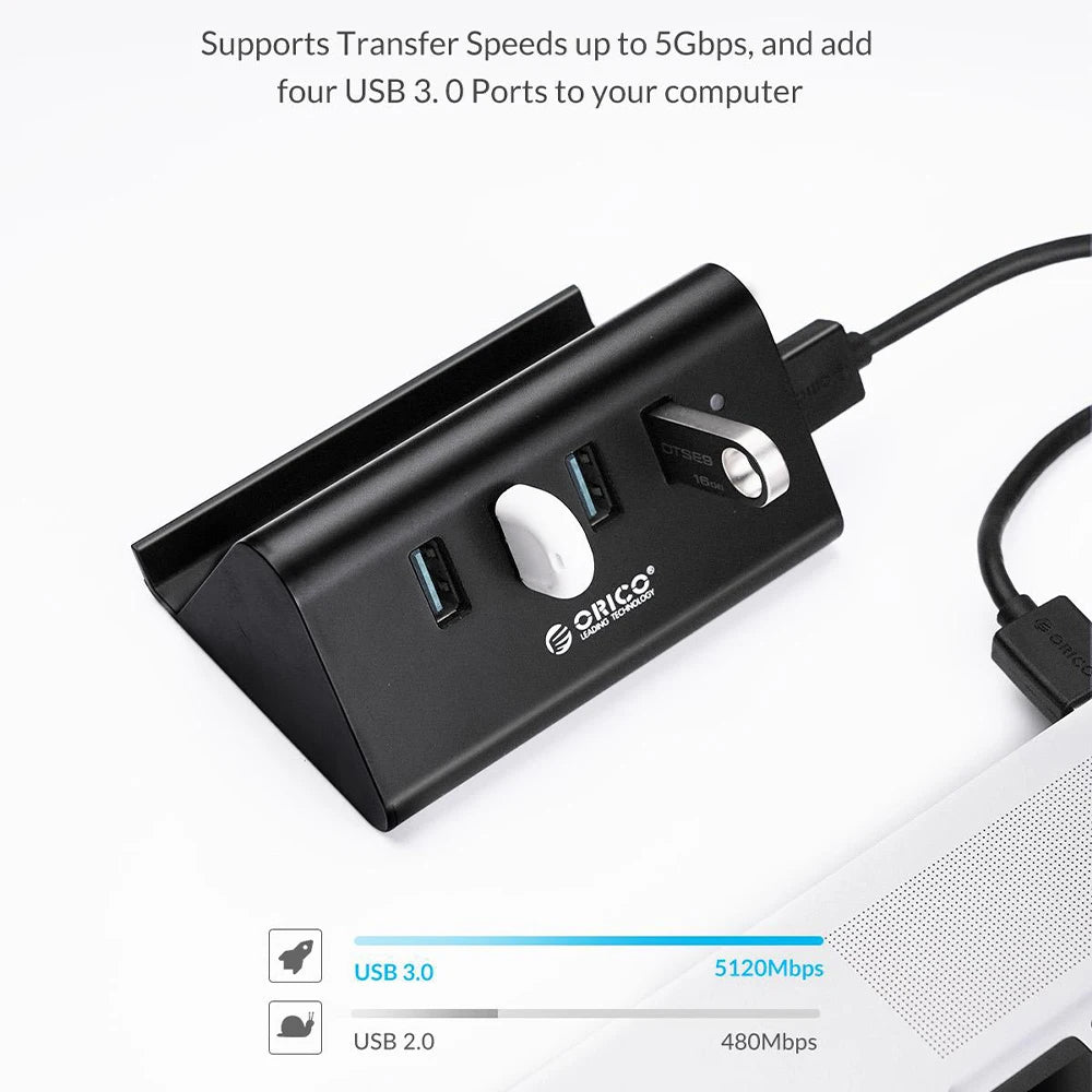 ORICO USB HUB High Speed Mini 4 Port USB 3.0 HUB for Desktop Laptop with Phone and Tablet Stand Computer Accessories Black
