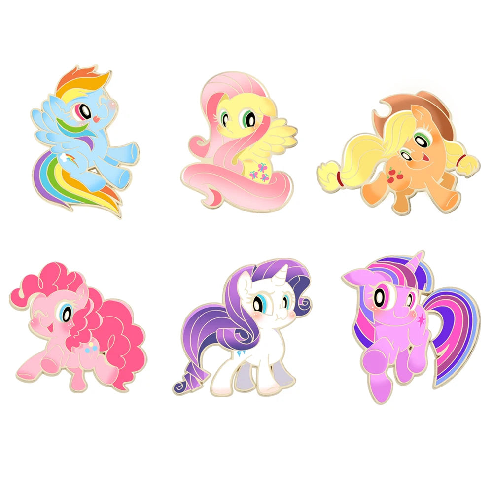 My Little Pony Pins 6pcs Set UV Printed Enamel Pins Cartoon Character Collection Brooches for MLP Fans Girls Kids Gift