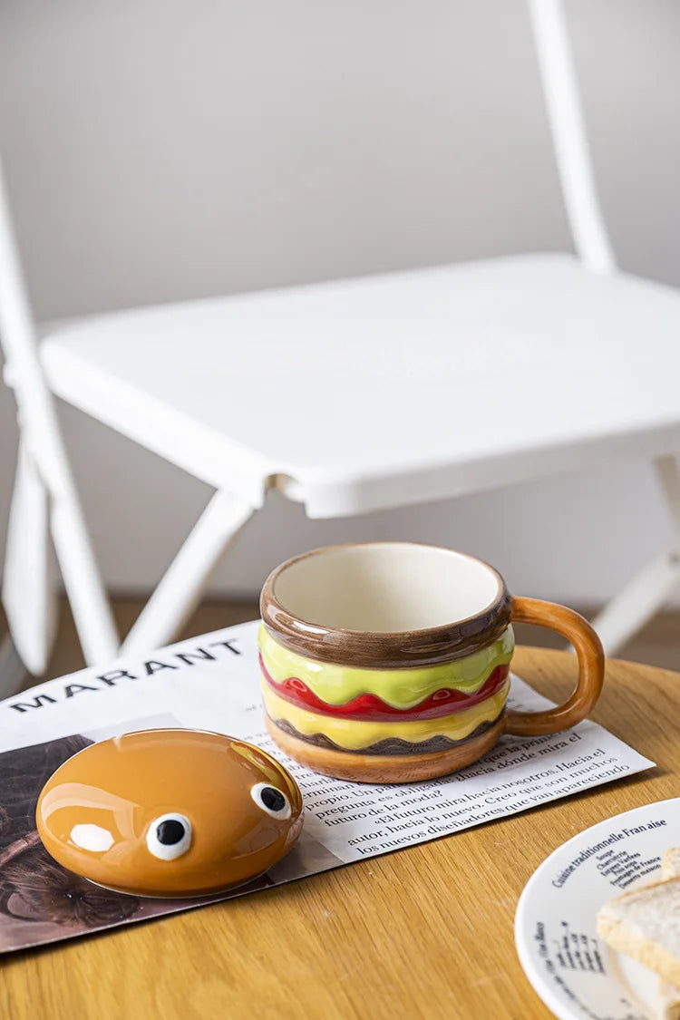 300ML Coffee Mugs Creative Hamburger Shaped Water Cup with Lid Cute and Cute Breakfast Cup Large Capacity Ceramic Hamburger Mug
