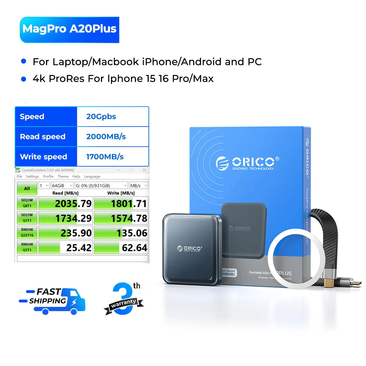 ORICO 1TB Magnetic External SSD, 4K ProRes HDR Record and Store, 2000MB/s Stable Transmission and Storage, Portable Solid State