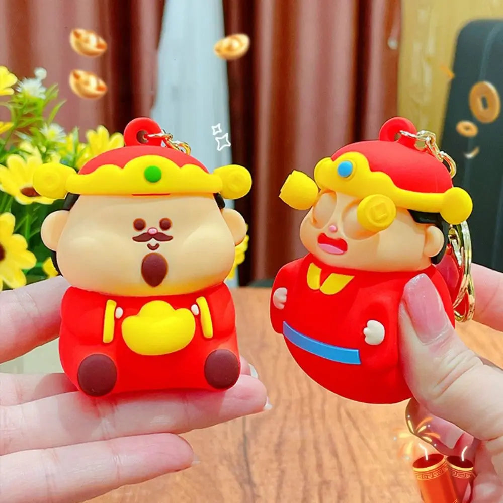 Creative Pinched Toys God of Wealth Keychain Lucky Blessing New Year Key Ring Traditional PVC Cartoon Pendant Kids