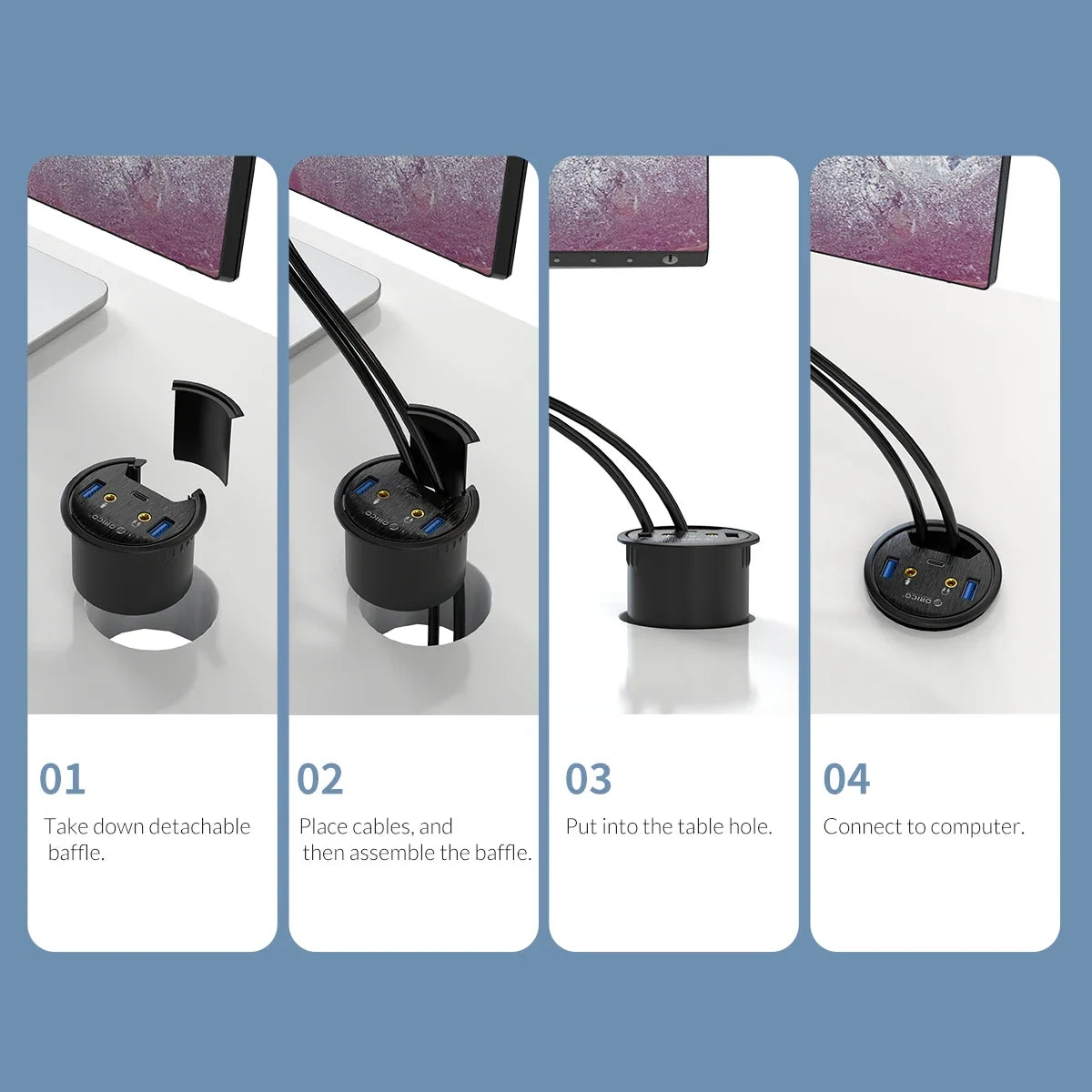 ORICO 5Gbps High-Speed USB HUB Splitter Multi Desk Grommet USB 3.0 Ports Desk Mount Adapter for PC Tablet Phone High Quality