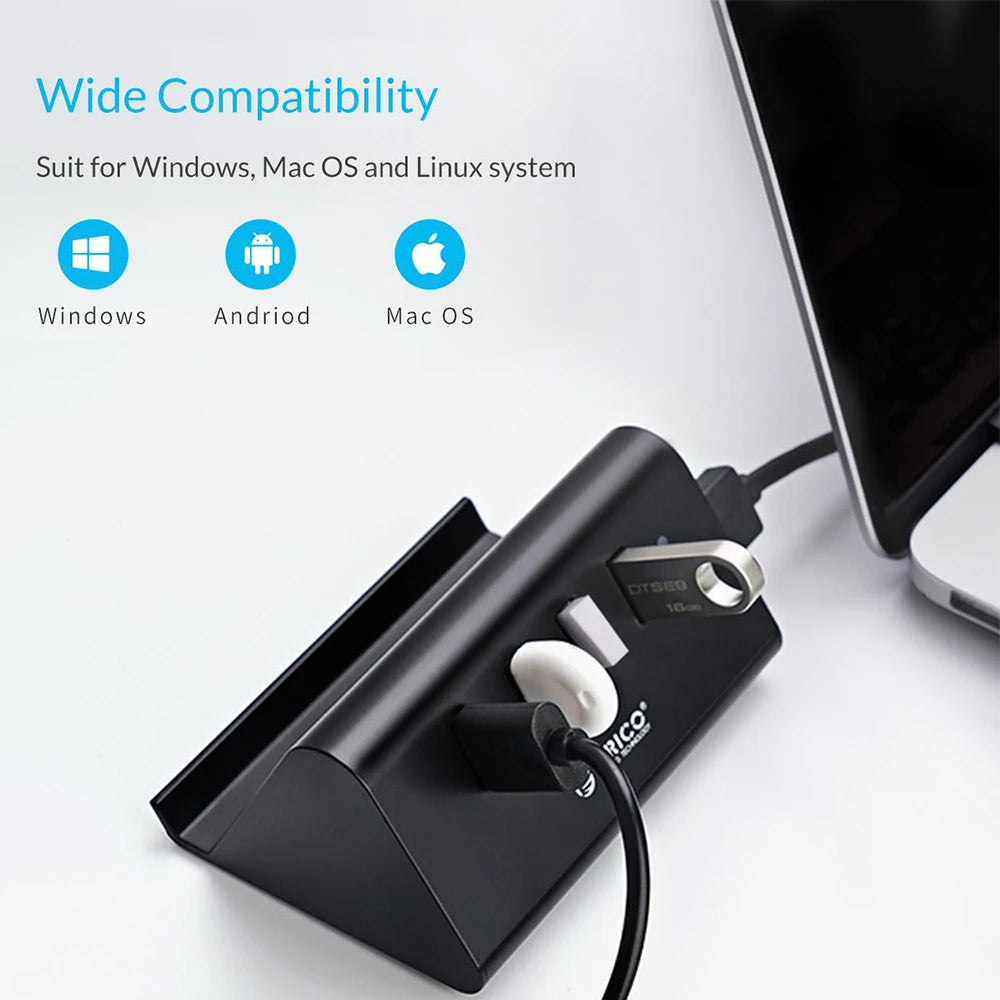ORICO USB HUB High Speed Mini 4 Port USB 3.0 HUB for Desktop Laptop with Phone and Tablet Stand Computer Accessories Black