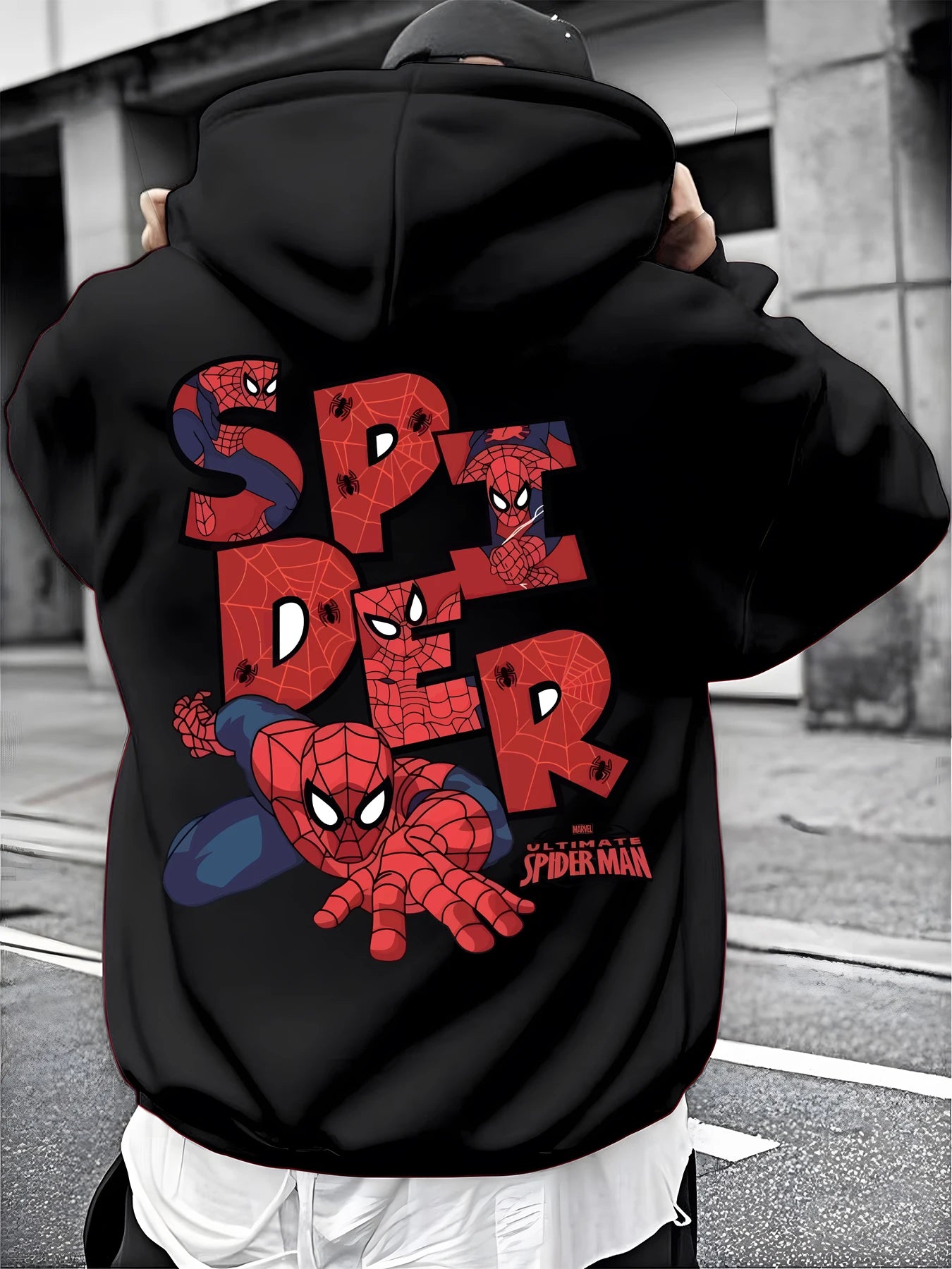 A Male Marvel Punisher with A Skull Print Effect Design Wearing A 100% Cotton Casual Hooded Sweatshirt on The Street