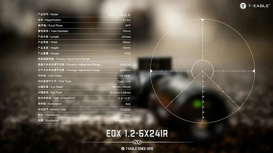 T-EAGLE EOX 1.2-6X24 IR Tactical Riflescope Hunting Spotting Rifle Scope Optical Collimator Air Gun Airsoft PCP Sight