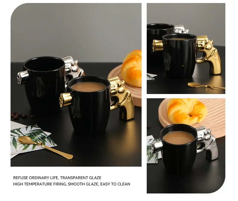 350ml Novelty Mug Revolver Handle Mug Coffee Cup Ceramic Personalized Decorations for Coffee Tea Milk 3D Mold Non-slip Glaze Cup