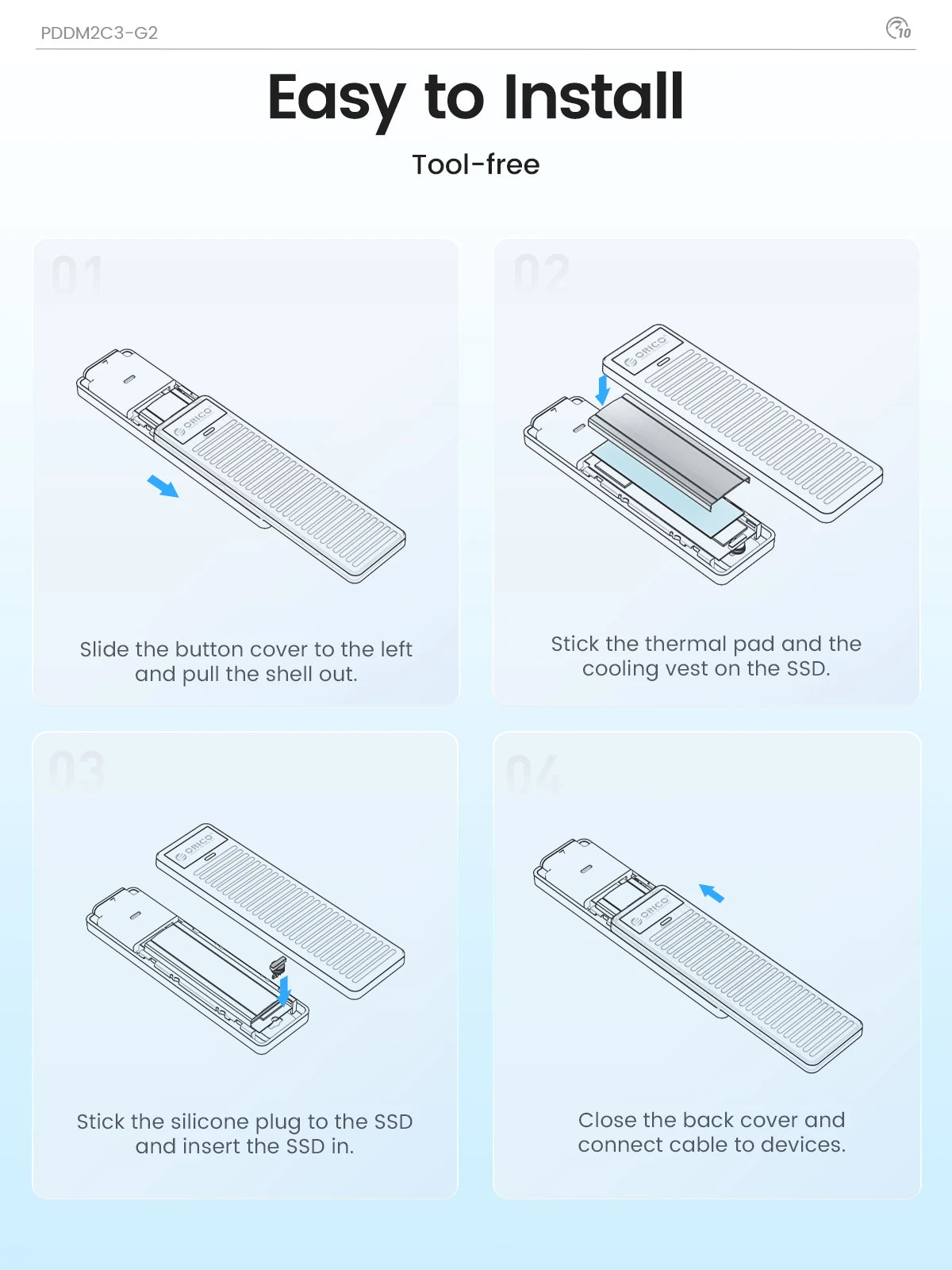 ORICO M.2 NVMe SSD Enclosure 10Gbps USB 3.2 Gen2 Case Box Simple Design Tool-free Support UASP for NVMe SATA SSD Gamers