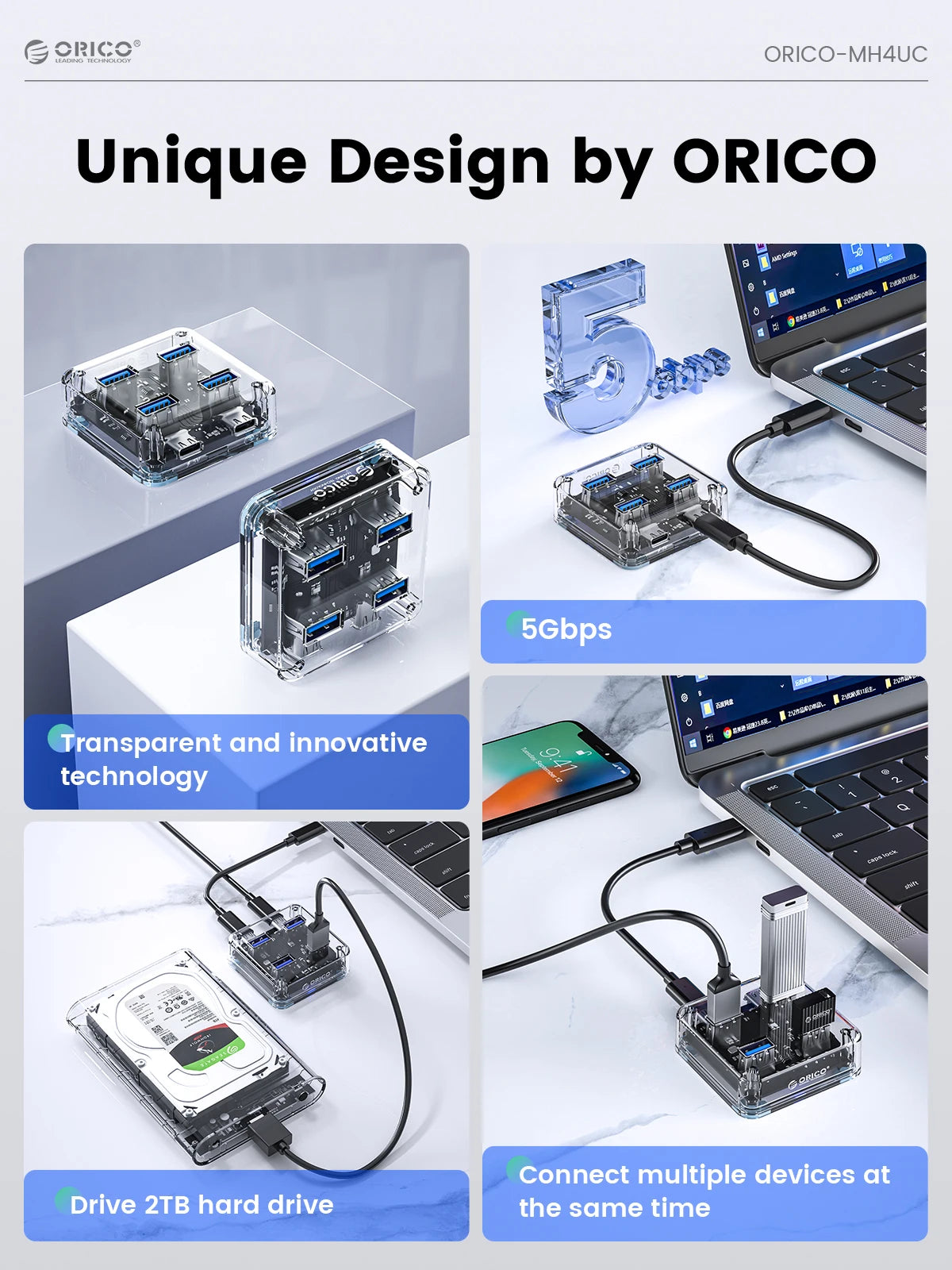 ORICO Transparent Usb C Hub 4 Port Expansion With Power Supply Interface Usb 3.2 Protocol High Speed Transmission OTG Dapter