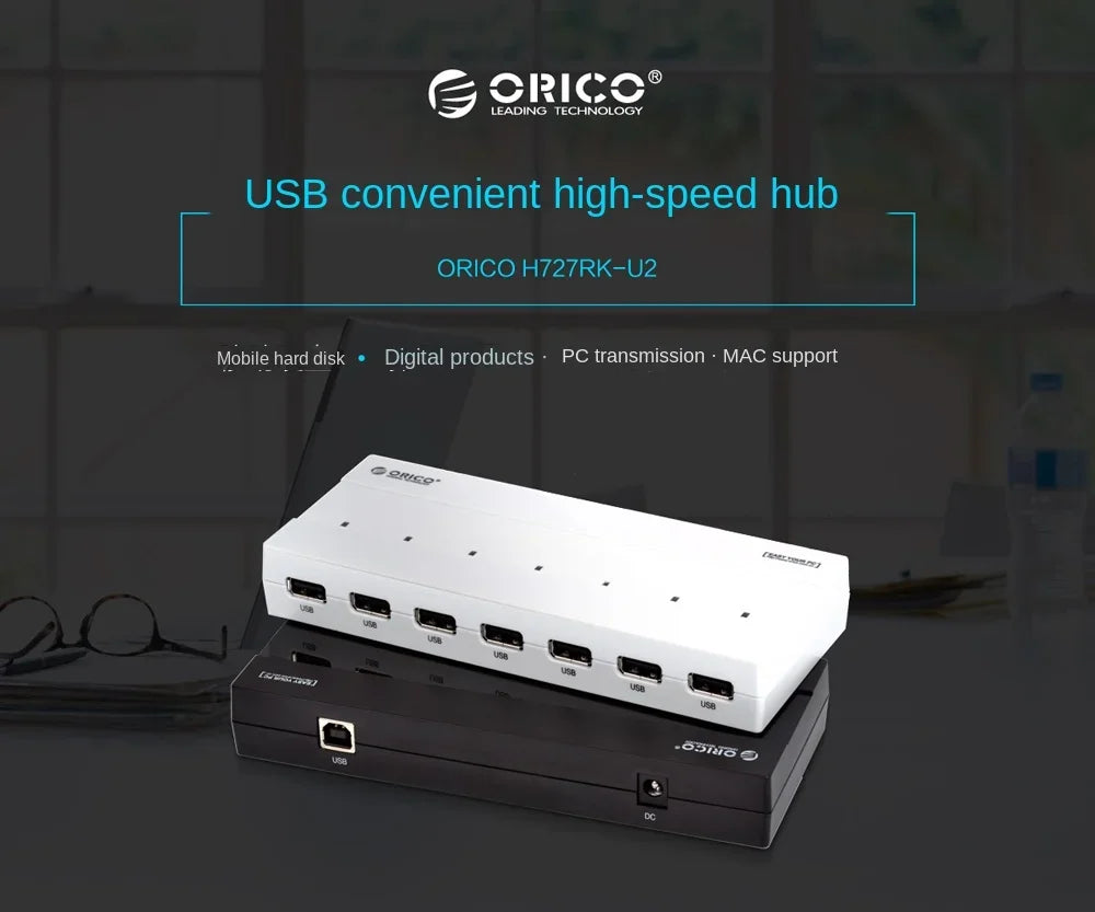 ORICO USB HUB 2.0 Splitter 7-port USB2.0 HUB Hub OTG Adaptador with External Power Supply Suitable for Desktop Laptop Computers