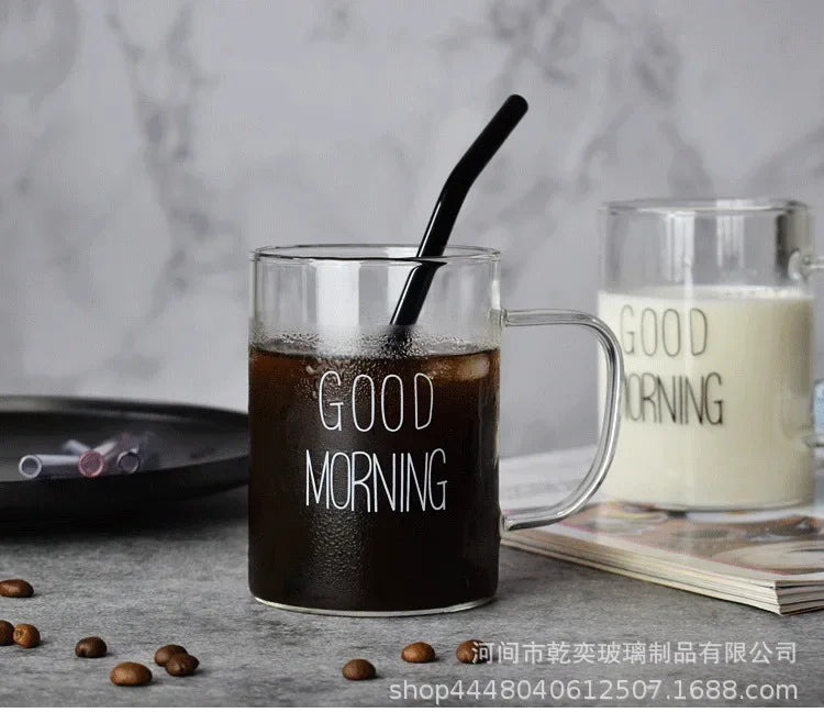 500ml Good Morning Glass Mug Coffee Milk Breakfast Cup Tumbler with Handle Transparent Drinkware Household Gift for Children Set