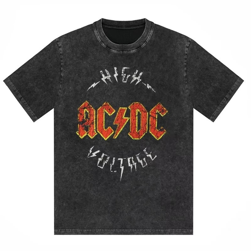 ACDC Band Printed T-shirt Washed Retro Old Short Sleeve Trendy Couple Comfortable Loose Casual Fashion New Men's Clothing 2025