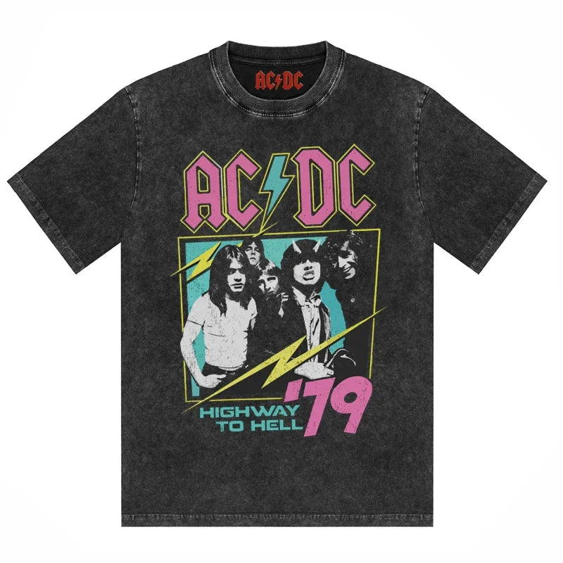 ACDC Band Printed T-Shirt Washed Retro Old Short Sleeve Trendy Couple Comfortable Loose Casual Fashion New Men'S Clothing