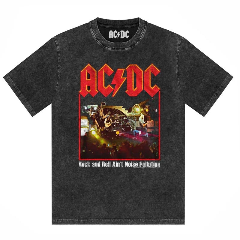 ACDC Band Printed T-Shirt Washed Retro Old Short Sleeve Trendy Couple Comfortable Loose Casual Fashion New Men'S Clothing