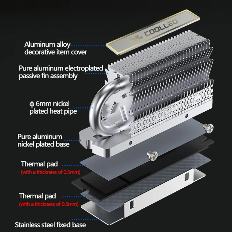 COOLLEO HR-09 M.2 2280 SSD Heatsink Fully Electroplated Reflow Welding AGHP HeatPipe 2280 NVMe SSD Cooler