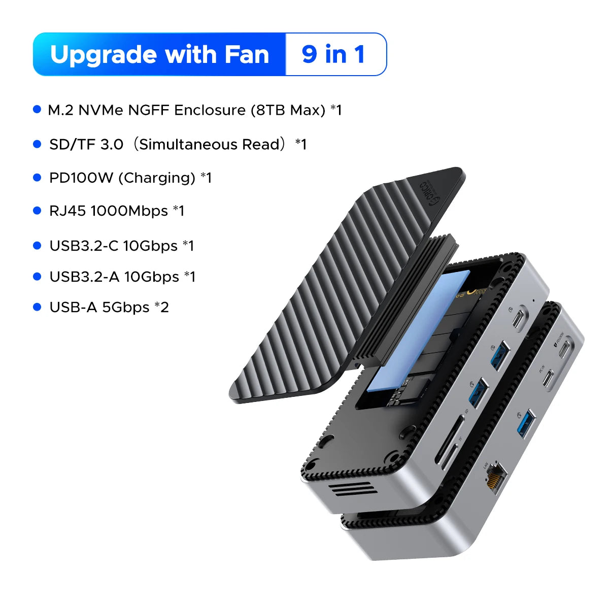 ORICO USB C Display Hub 10Gbps with Cooling Fan M.2 NVMe SATA SSD Enclosure HDMI RJ45 SD/TF Docking Station for Gamers