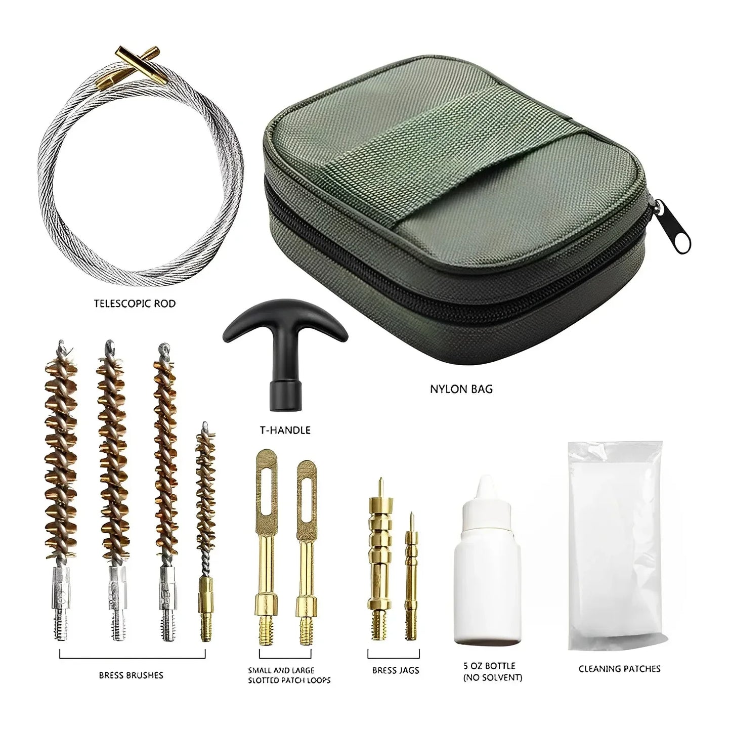 Tactical .177 .17cal .30cal .270 / 8 .280cal 22LR .22 Gun Cleaning Kit With Brass Jag Slotted Patch Loops Flexible Rod And Pouch