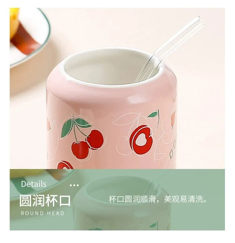 Fresh Creative Fruit Straw Cup Coke Soda Bottle Ceramic Mug with Lid Couple Souvenir Home Drinking Utensil Kitchen Appliance
