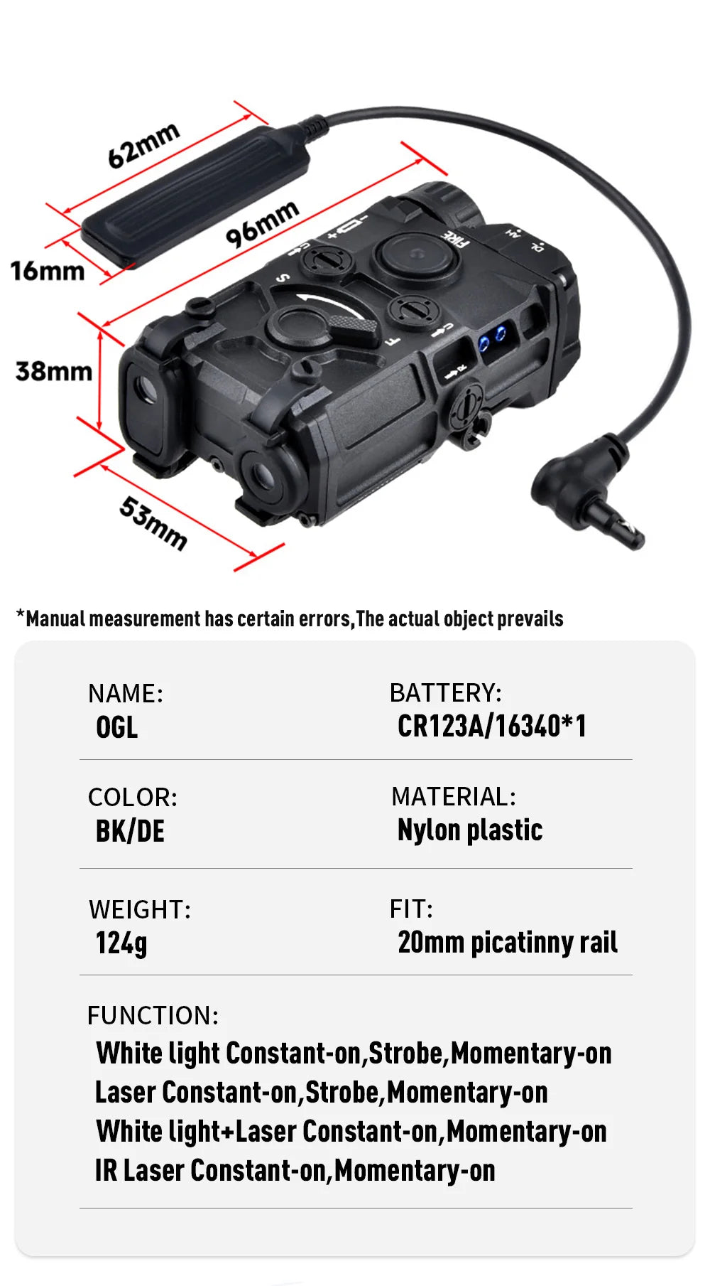 Tactical Nylon Eotec OGL Red Dot Blue Green IR Laser Indicator PEQ 15 OGL White Strobe Flashlight Airsoft Gun Rifle Accessory