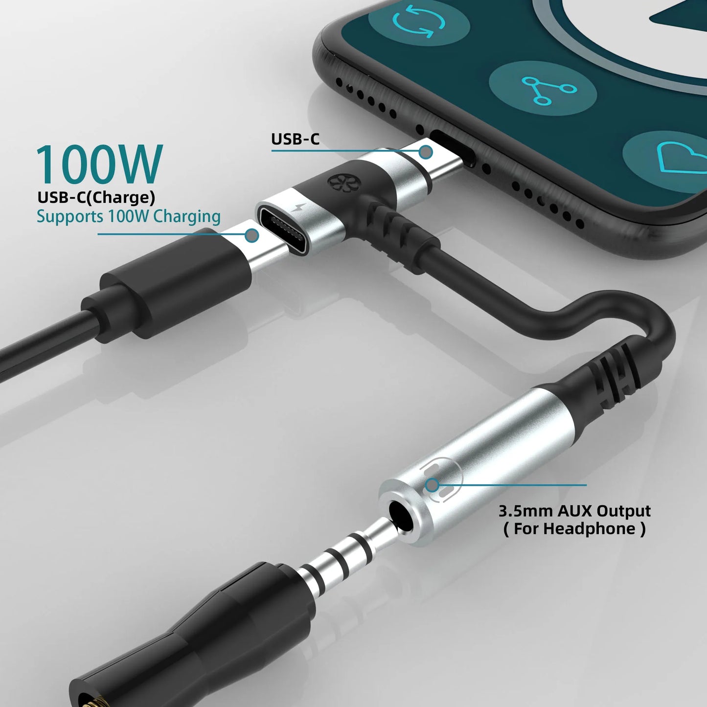 USB C to 3.5mm earphones and charger adapter 2-in-1 C-type to Aux microphone jack, with PD 100W fast charging encryption dongle.