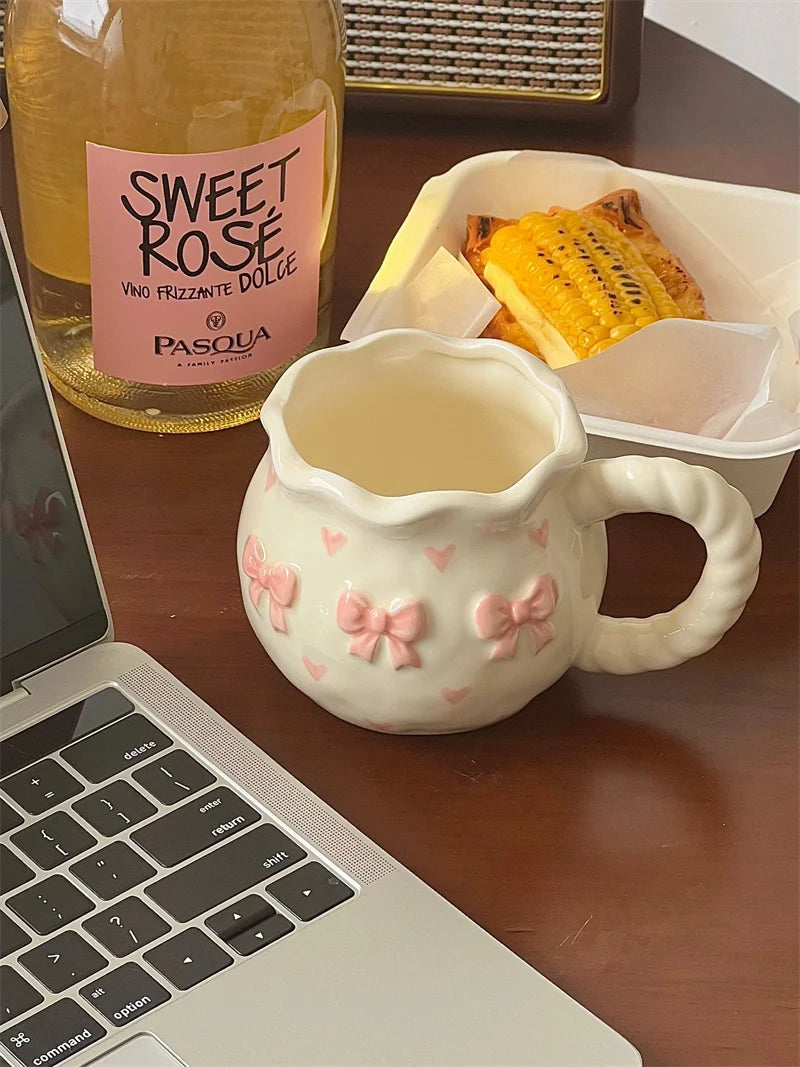 Thickened Cream White Mug Cute Bow Cartoon Ceramic Cup with Handle Milk Cup Coffee Cup Modern Simple Universal Water Cups