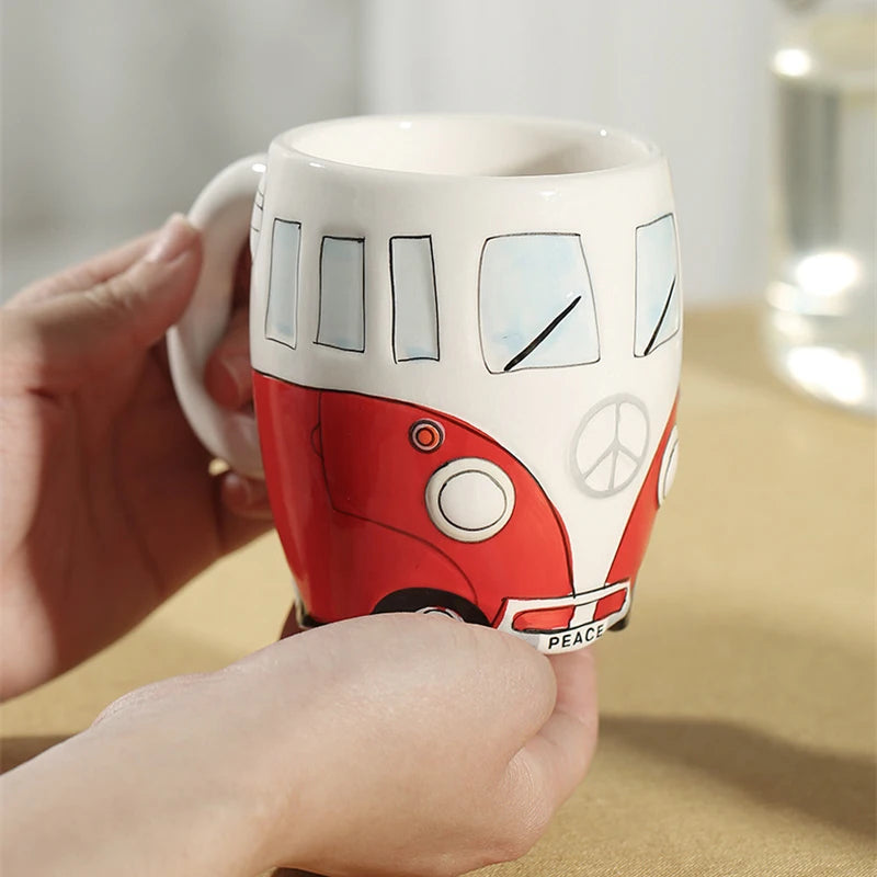 Creative Hand Painting Double Bus Mug Cartoon Ceramic Milk Tea Water Coffee Mugs Home Office School Drinkware Cup Novetly Gifts