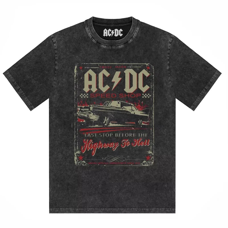 ACDC Band Printed T-shirt Washed Retro Old Short Sleeve Trendy Couple Comfortable Loose Casual Fashion New Men's Clothing