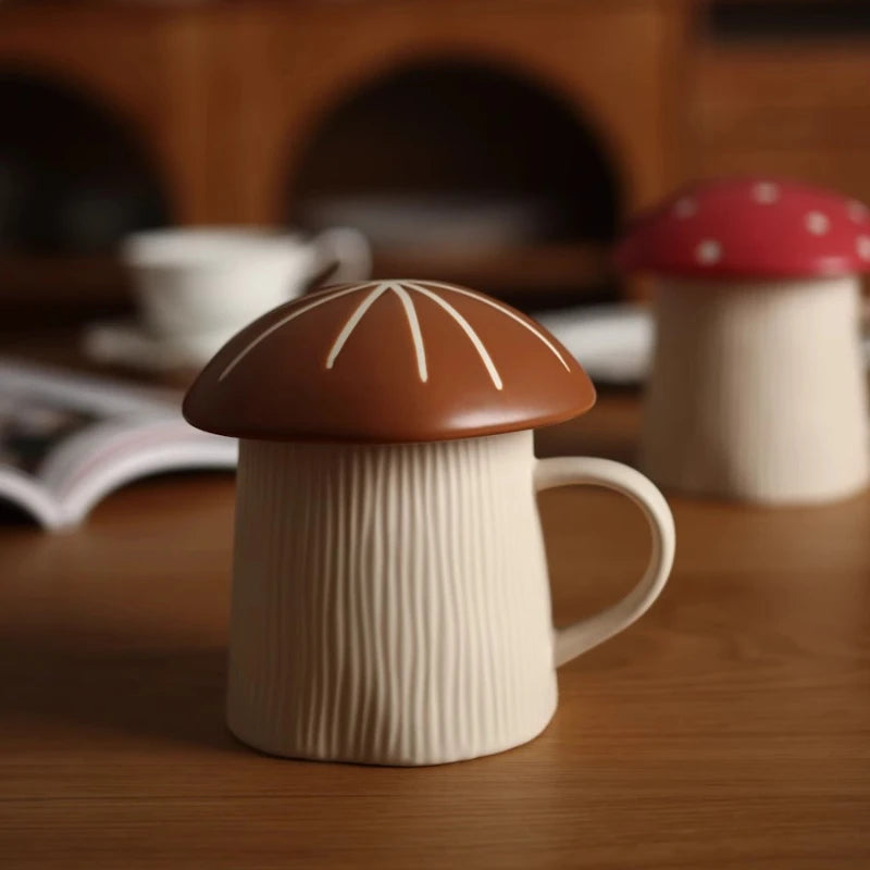American Retro Style Mug with Lid, Cute Water Cup, Mushroom Couple Ceramic Drinking Cup, Funny Mugs