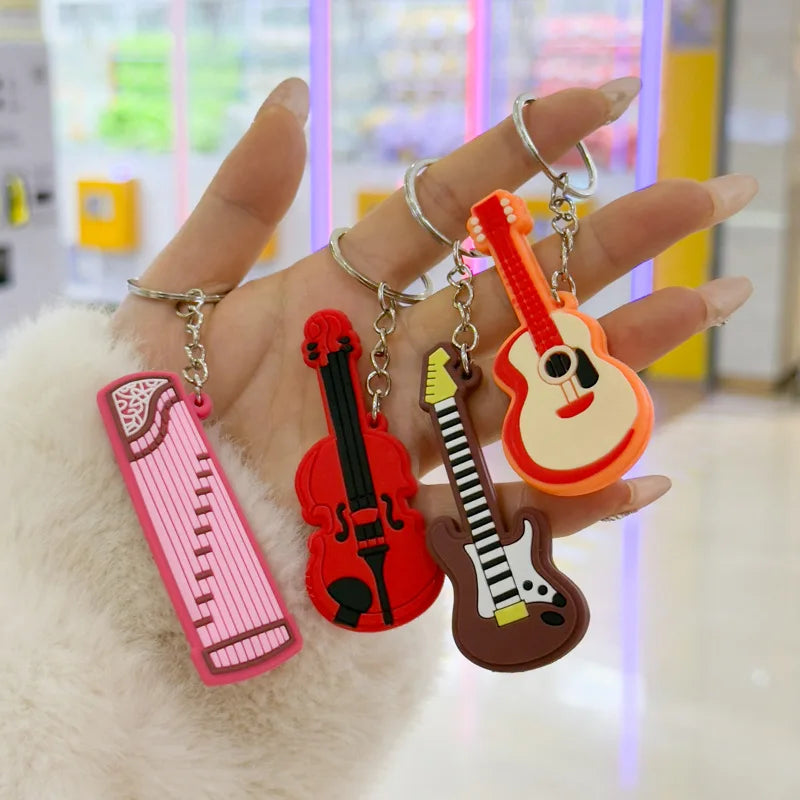 Cute Guitar Violin Piano Saxophone Keychains PVC Soft Rubber Cartoon Musical Instrument Keyring Car Backpack Pendant Accessories