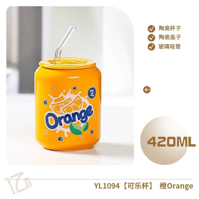 Fresh Creative Fruit Straw Cup Coke Soda Bottle Ceramic Mug with Lid Couple Souvenir Home Drinking Utensil Kitchen Appliance