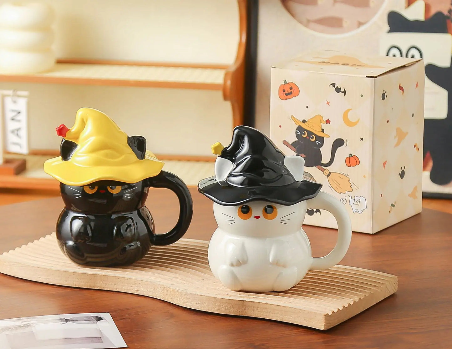 Creative Magic Hat Cat Ghost Ceramic Mugs with Lid Personalized Coffee Cups Couple Milk Cup Breakfast Mug Halloween Gifts