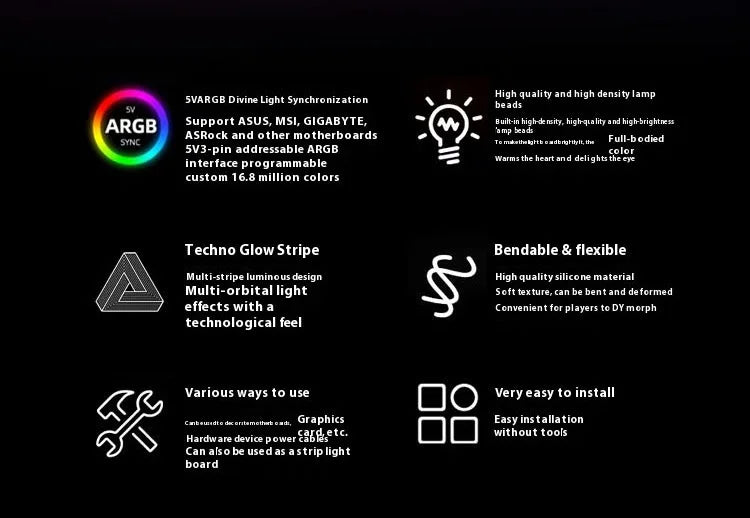 5V 3Pin ARGB Sync PC Cable 8/24PIN Motherboard Power Extension Cable Flexible LED Strip Light DIY Kit for Computer Power Supply