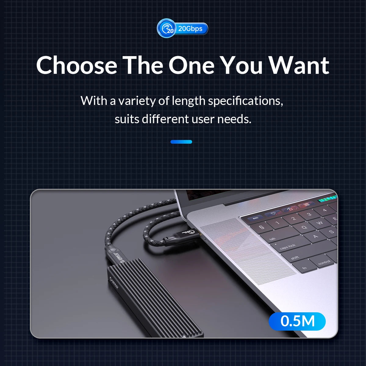 ORICO 5m 20Gbps USB C Cable PD100W Fast Charger Cord USB3.2 Gen 2 HD 4K@60Hz Video Braided with E-mark for Laptop MacBook