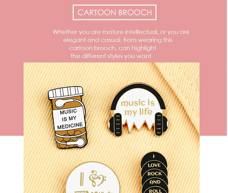 Personality Music Enthusiast Badges Pins MUSIC IS MY LIFE Earphone CD Brooches Kids Backpack Decoration Pins Jewelry Gift Girl