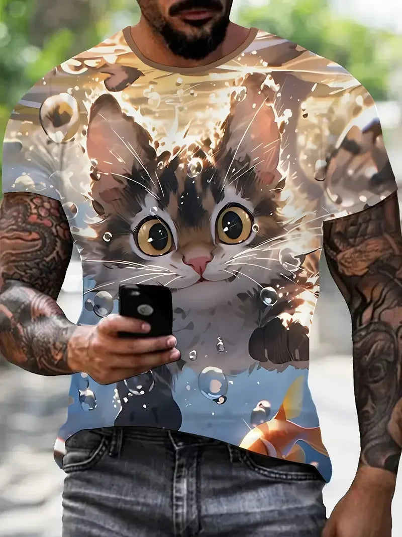 Funny Men's T-shirts Cute Cat 3D Print Tops Men Women Short Sleeve Tee Oversized Streetwear T shirt Casual Simple Men's Clothing