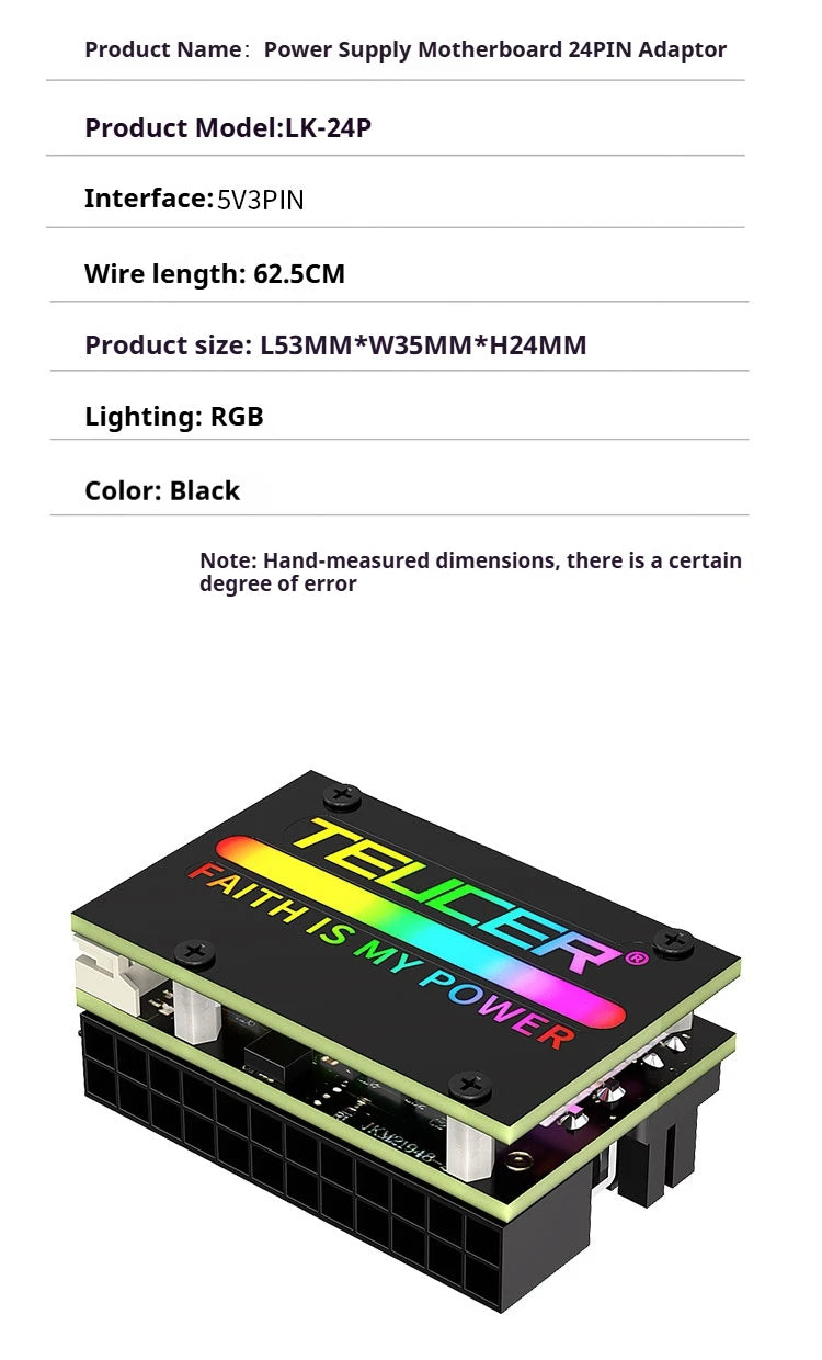 COOLCIRC ATX Power Supply 24Pin to 90 Degree Adapter 5V RGB Mainboard Motherboard Cable Connector Modular DIY PC Accessory