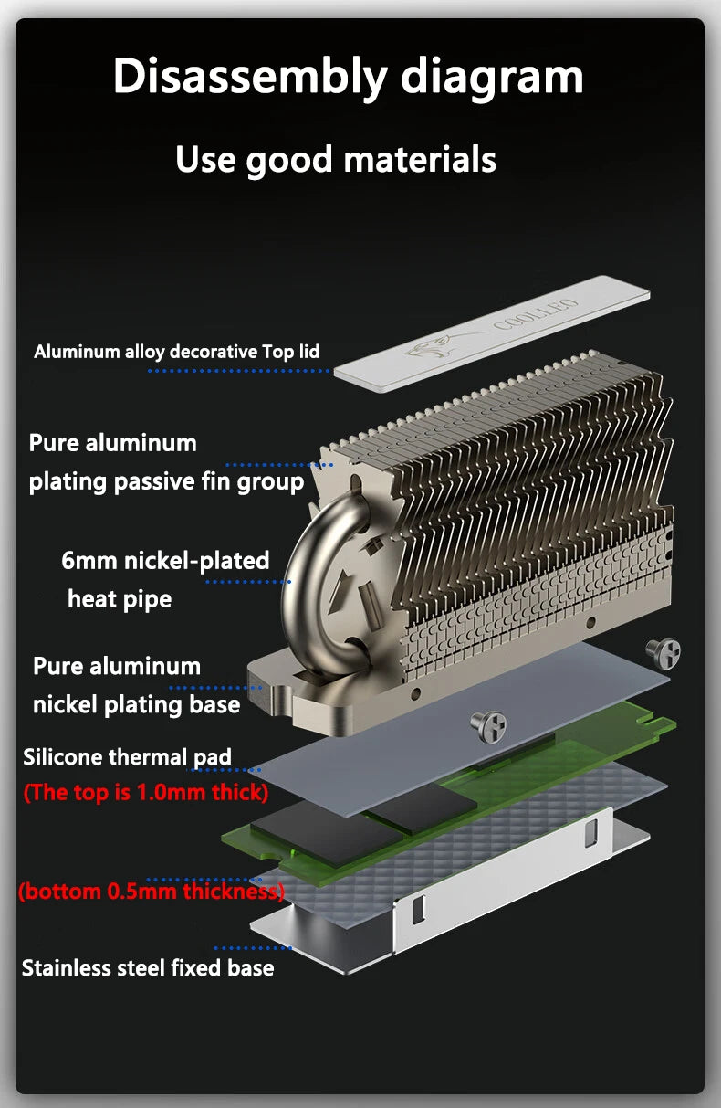 COOLLEO HR-09 M.2 2280 SSD Heatsink Fully Electroplated Reflow Welding AGHP HeatPipe 2280 NVMe SSD Cooler