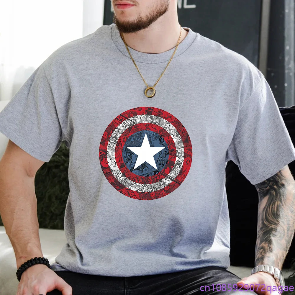 Mens New Marvel Captain America Avengers Shield Printed T-Shirt Outdoor Street Vintage Shield Y2K Shirt T-Shirt