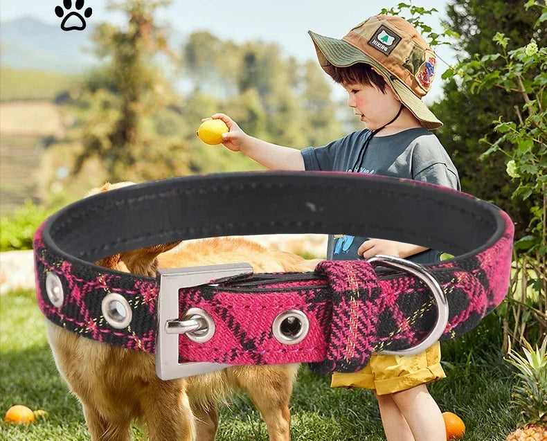 Pet Collar Scottish Plaid Dog Collar Classic Red PU Leather Earthy Yellow Twill Dog Pet Supplies Adjustable Pet Collar