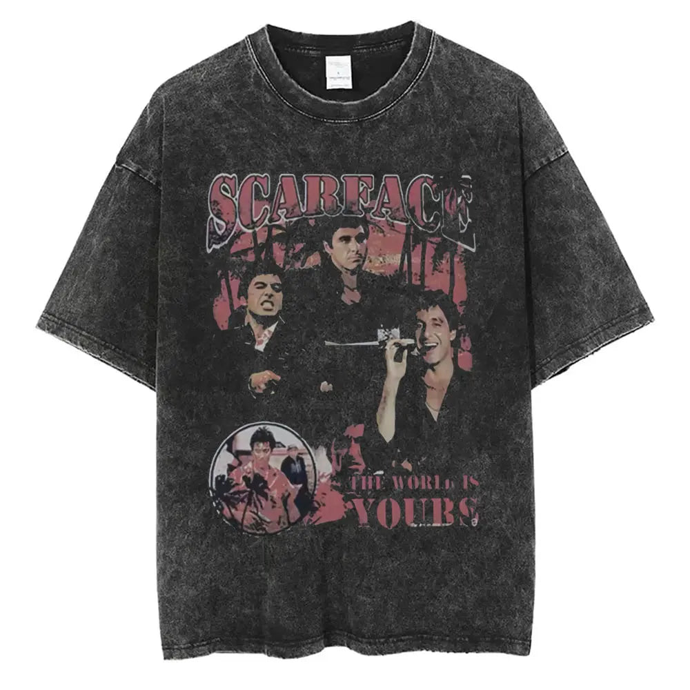 90s Classic Gangsters Movie Scarface Print T-shirts Tony Montana Al Pacino Vintage Washed Cotton Tshirt Men Women Rock T Shirts