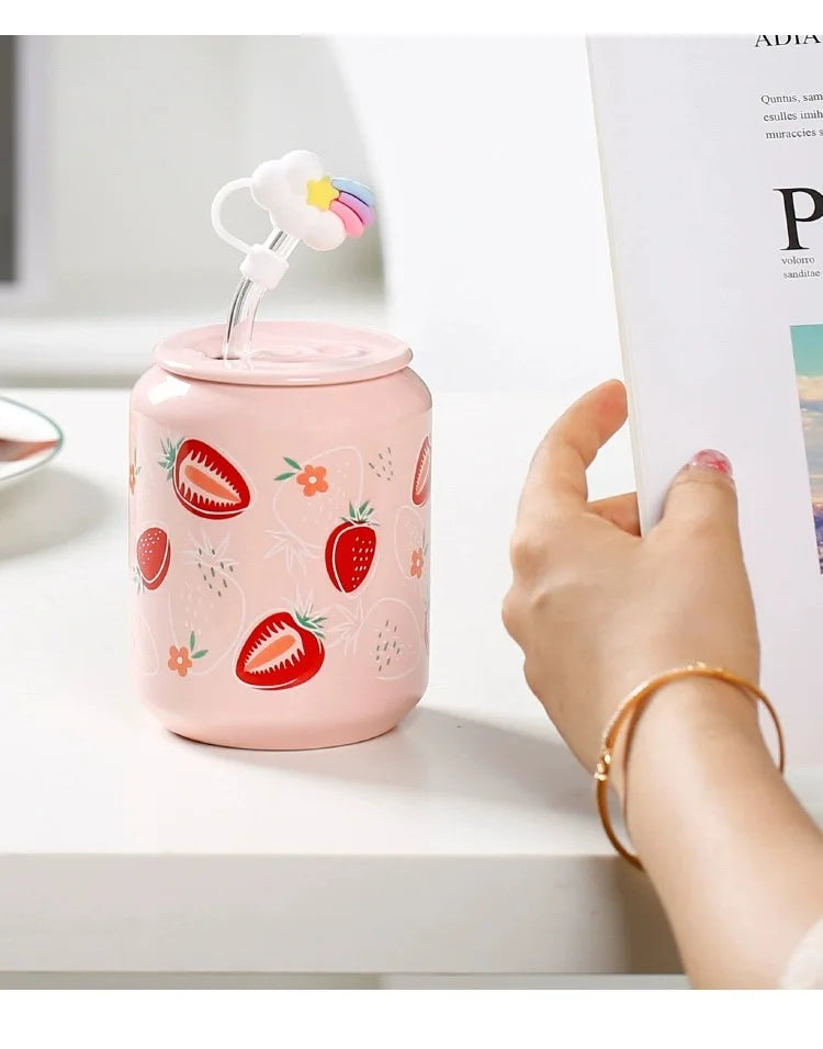 Fresh Creative Fruit Straw Cup Coke Soda Bottle Ceramic Mug with Lid Couple Souvenir Home Drinking Utensil Kitchen Appliance
