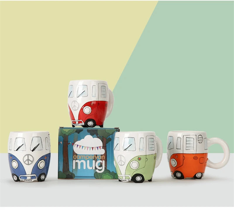 Creative Hand Painting Double Bus Mug Cartoon Ceramic Milk Tea Water Coffee Mugs Home Office School Drinkware Cup Novetly Gifts