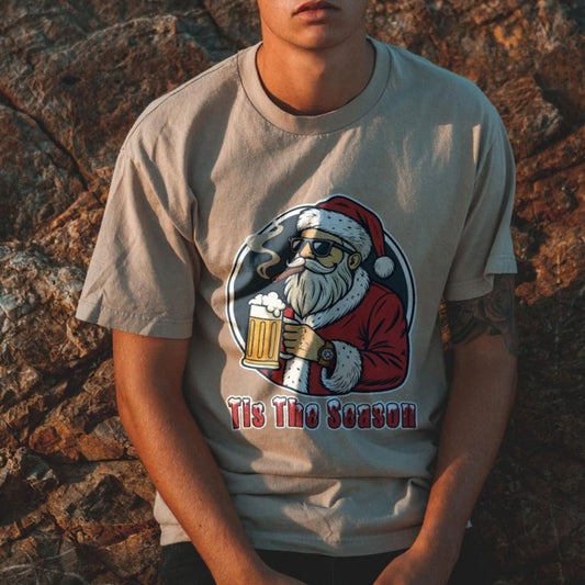 Funny Santa Beer T-Shirt Tis The Season Christmas Graphic T Shirts Woman Man New Year Xmas Cotton Short-sleev Vintage  Festival