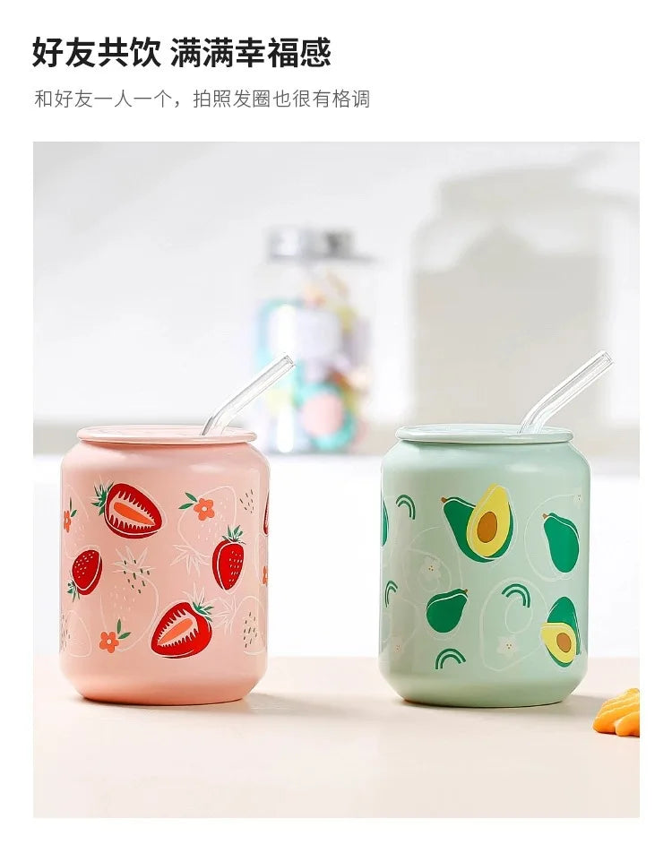Fresh Creative Fruit Straw Cup Coke Soda Bottle Ceramic Mug with Lid Couple Souvenir Home Drinking Utensil Kitchen Appliance