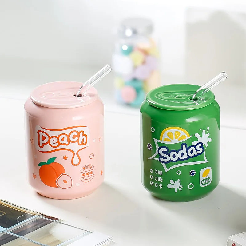 Fresh Creative Fruit Straw Cup Coke Soda Bottle Ceramic Mug with Lid Couple Souvenir Home Drinking Utensil Kitchen Appliance