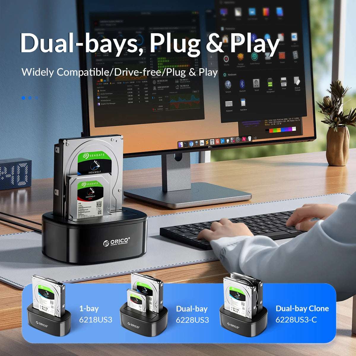 ORICO HDD Clone Docking Station USB 3.0 to SATA 3.0 Dual Bay Hard Drive Docking Station for 2.5/3.5 inch HDD SSD Case for PC