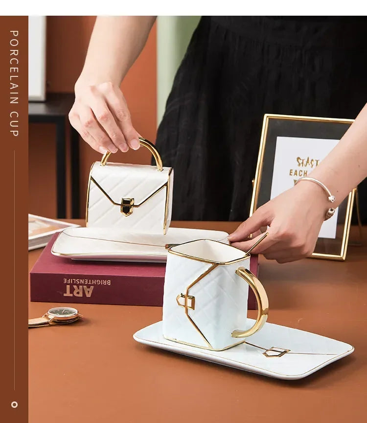 Handbag Shaped Mug Luruxy Coffee Cup Creative Tote Bag Shaped Cups Linner Saucer Set Dessert Afternoon Tea Mugs Drinkware Gifts