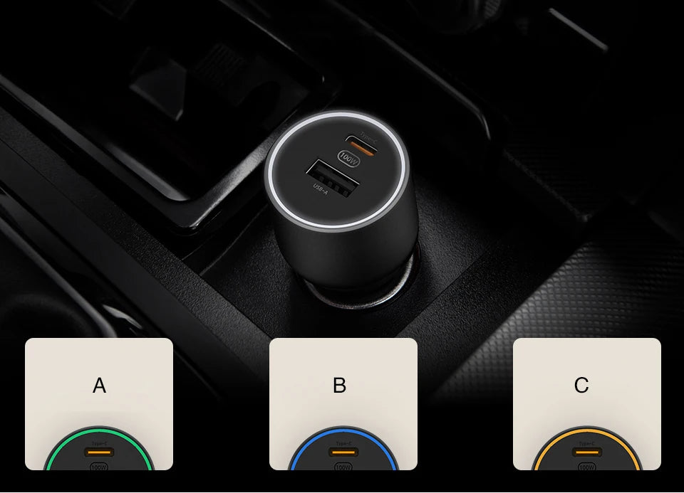 Xiaomi Mi Car Charger 100W MAX 1A1C Fast Charging Dual-port USB-A USB-C Smart Device Fully Compatible With Light Effect Display